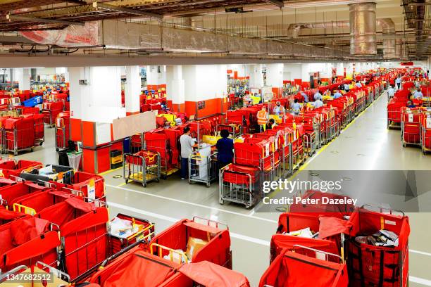 Overhead view of the Manual Parcel Sorting Area at the Mount Pleasant Mail Centre or London Central Mail Centre on October 20,2021 in London,United...