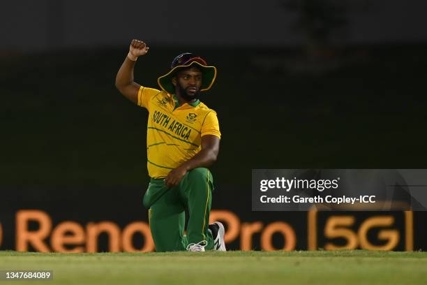 South Africa captain Temba Bavuma takes the knee ahead of the Pakistan and South Africa warm Up Match prior to the ICC Men's T20 World Cup at on...