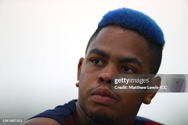 Shimron Hetmyer of the West Indies looks on during the Afghanistan v West Indies warm Up Match prior to the ICC Men's T20 World Cup at on October 20,...