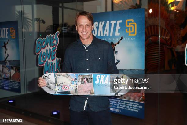 Skateboarding legend Tony Hawk poses on the blue carpet at the private screening of “Skate SD” hosted by Bones Love Milk, an initiative of the...