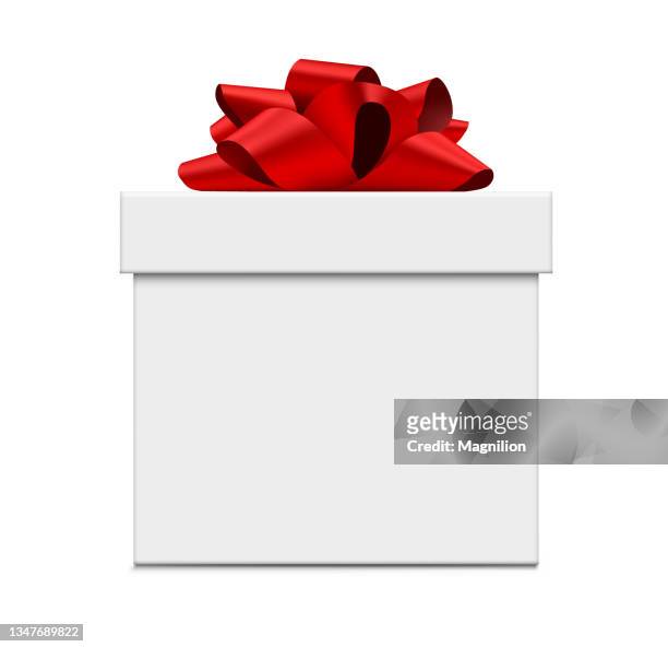 weiße geschenkbox mit roter schleife - geschenkkarton stock-grafiken, -clipart, -cartoons und -symbole
