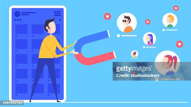 stockillustraties, clipart, cartoons en iconen met magnet engaging followers and likes - boris johnson leads 48hour brexit blitz of campaigning