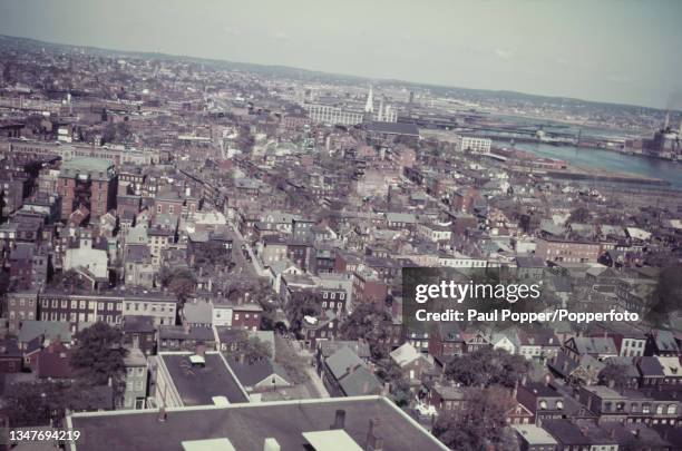 View from the Bunker Hill area of Charlestown of the Mystic River and beyond the city of Cambridge in the Greater Boston metropolitan area of...