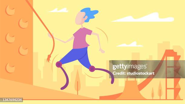 ilustraciones, imágenes clip art, dibujos animados e iconos de stock de una chica con piernas protésicas está corriendo. - atleta discapacitado