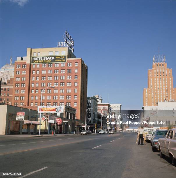 View along North Hudson Avenue in downtown Oklahoma City, capital city of Oklahoma, United States circa 1970. On the left of North Hudson Avenue is...