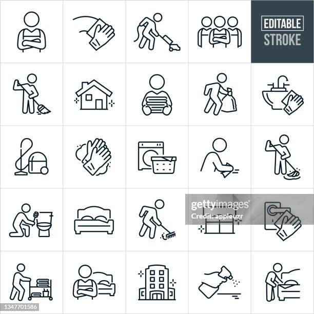 housekeeping thin line icons - editable stroke - hotel cleaner stock illustrations