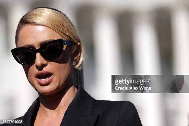 Actress and model Paris Hilton speaks during a news conference outside the U.S. Capitol October 20, 2021 in Washington, DC. Congressional Democrats...