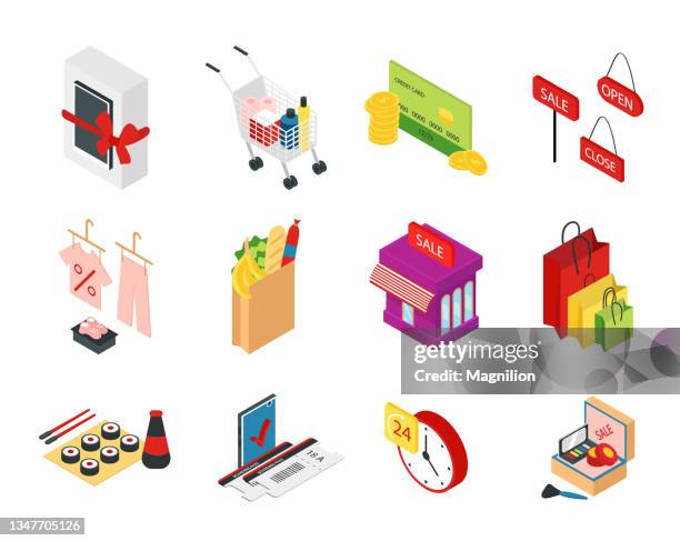 ilustrações de stock, clip art, desenhos animados e ícones de shopping icons isometric - mall