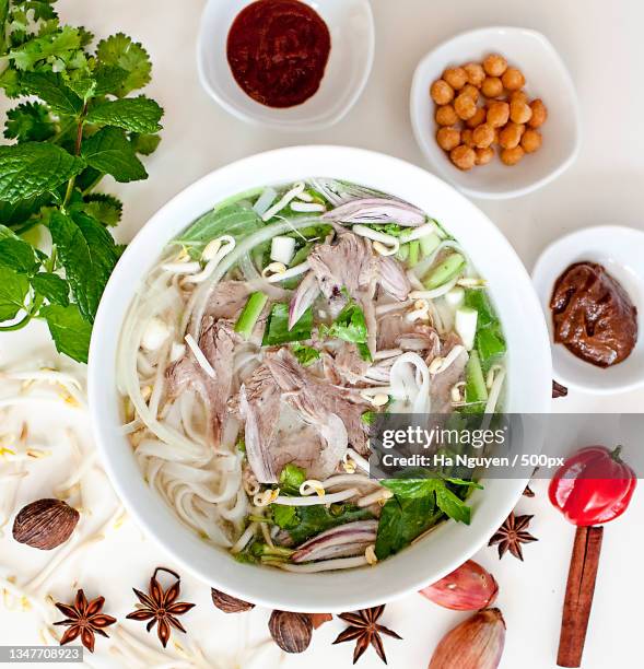 directly above shot of food on white background,hanoi,vietnam - pho stock pictures, royalty-free photos & images