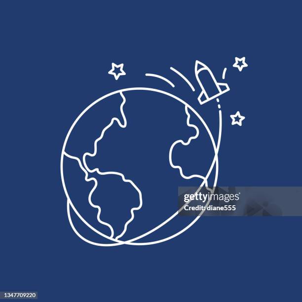 rocket ship launch - cute thin line astronomy icon - space exploration logo stock illustrations