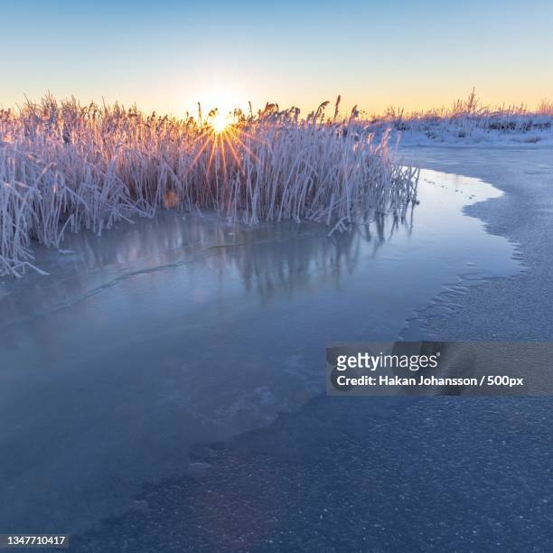 scenic view of frozen lake against clear sky during sunset,sweden - soluppgång stock-fotos und bilder