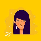 Aasian women avatar characters with sad expression. Crying people flat vector illustration. female portrait. Adorable girl trendy icon.