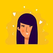 Aasian women avatar characters with lovely expression. Cheerful, happy people flat vector illustration. female portrait. Adorable girl trendy icon