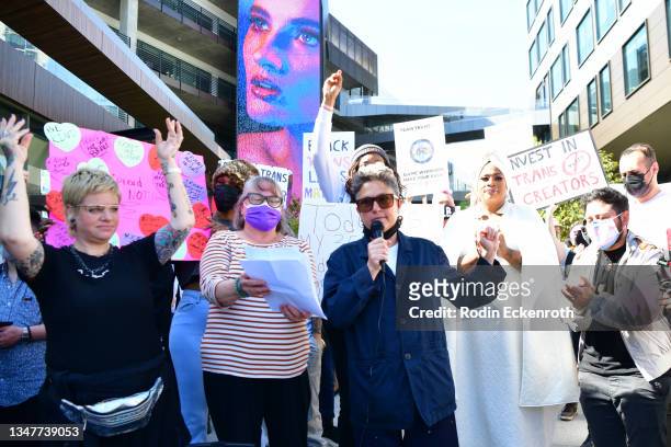 Writer-director Joey Soloway speaks as trans employees and allies at Netflix walkout in protest of Dave Chappelle special on October 20, 2021 in Los...