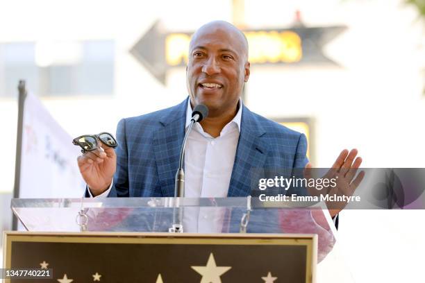 Byron Allen speaks onstage during the Hollywood Walk of Fame Star Ceremony for Byron Allen on October 20, 2021 in Hollywood, California.