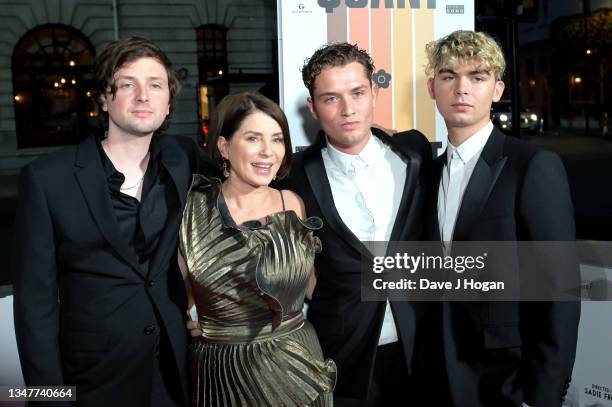 Finlay Munro Kemp, Sadie Frost, Rafferty Law and Rudy Law attends the "Quant" UK Premiere at The Everyman Cinema on October 20, 2021 in London,...