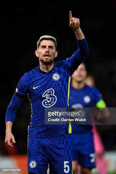 Jorginho of Chelsea celebrates after scoring their team's second goal during the UEFA Champions League group H match between Chelsea FC and Malmo FF...