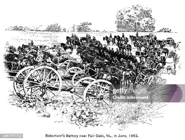 old engraving illustration of robertson's battery near fair oaks, june 1862 - battle of vicksburg stock pictures, royalty-free photos & images