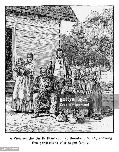 old engraved illustration of a african american slave family representing five generations all born on the plantation of j. j. smith, beaufort, south carolina - woman slavery stockfoto's en -beelden