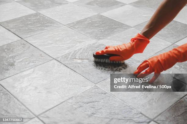 cropped hands cleaning tiled floor - scrubbing brush stock pictures, royalty-free photos & images