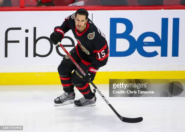 Michael Del Zotto of the Ottawa Senators skates during warm ups prior to a game against the Dallas Stars at Canadian Tire Centre on October 17, 2021...
