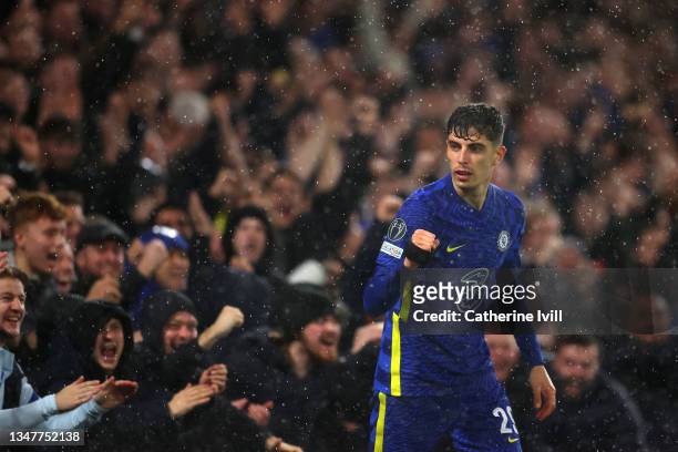 Kai Havertz of Chelsea celebrates after scoring their team's third goal during the UEFA Champions League group H match between Chelsea FC and Malmo...