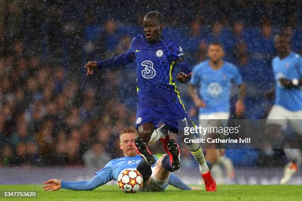 Ngolo Kante of Chelsea is tackled by Anders Christiansen of Malmo FF during the UEFA Champions League group H match between Chelsea FC and Malmo FF...
