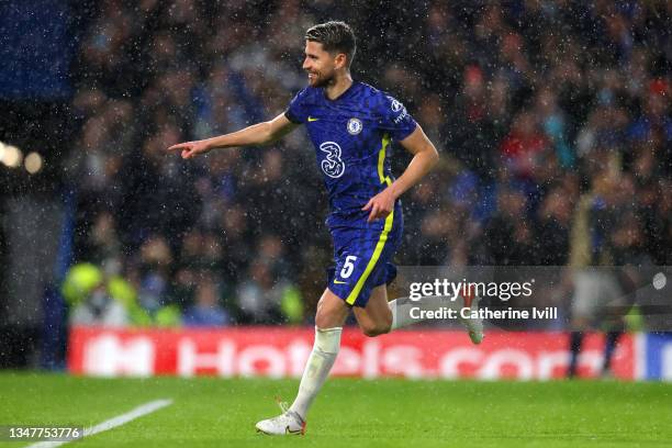 Jorginho of Chelsea celebrates after scoring their team's fourth goal during the UEFA Champions League group H match between Chelsea FC and Malmo FF...