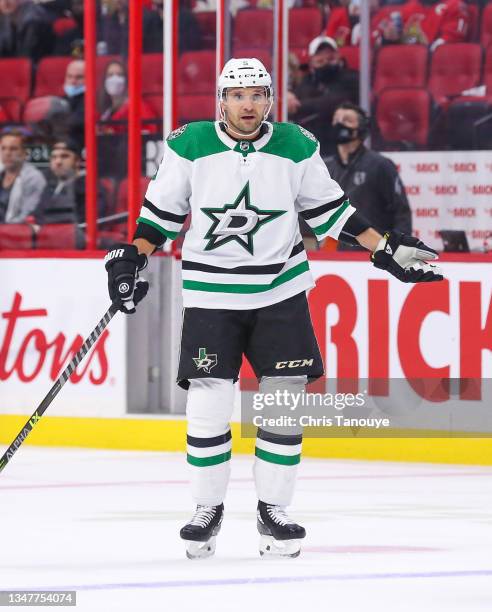 Andrej Sekera of the Dallas Stars skates against the Ottawa Senators at Canadian Tire Centre on October 17, 2021 in Ottawa, Ontario.