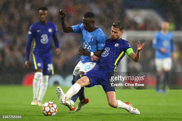Jorginho of Chelsea tackles Innocent Bonke of Malmo FF during the UEFA Champions League group H match between Chelsea FC and Malmo FF at Stamford...
