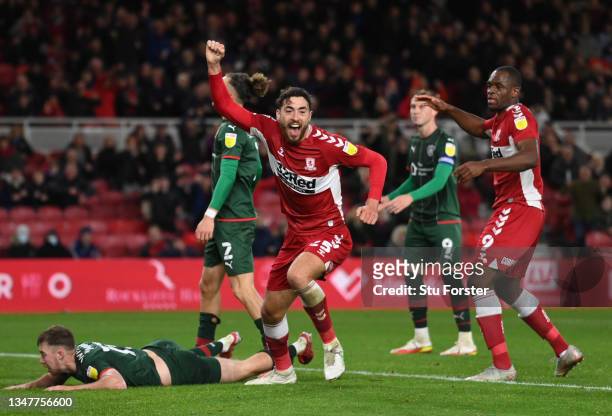 Matt Crooks of Middlesbrough celebrates after scoring their team's second goal during the Sky Bet Championship match between Middlesbrough and...