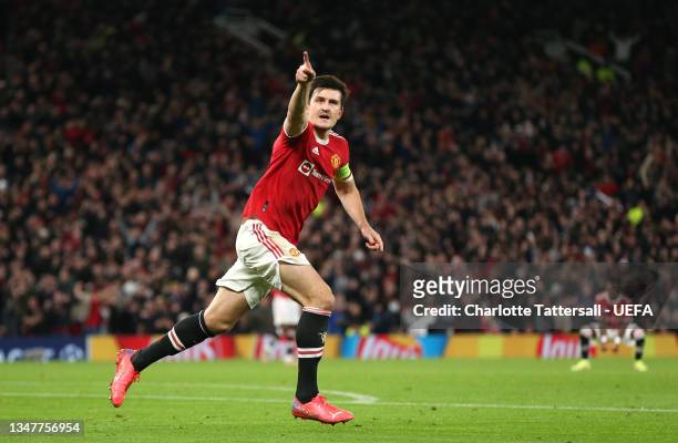 Harry Maguire of Manchester United celebrates after scoring their side's second goal during the UEFA Champions League group F match between...