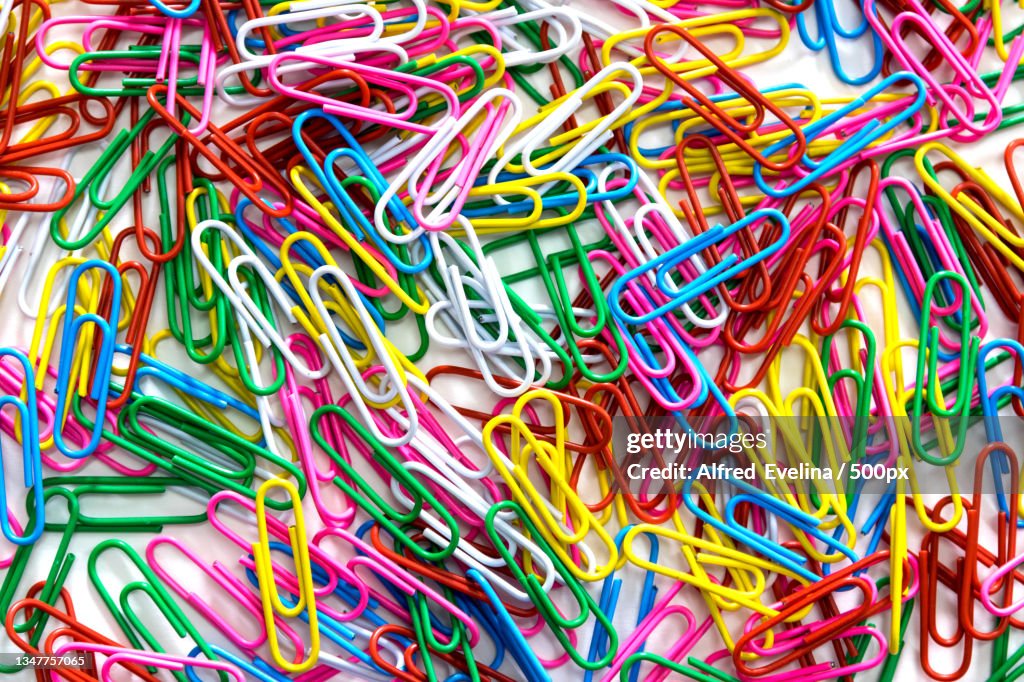 Full frame shot of colorful paper clips