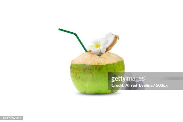 close-up of coconut against white background - coconut water stock pictures, royalty-free photos & images