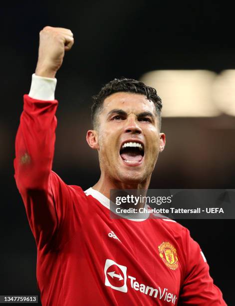 Cristiano Ronaldo of Manchester United celebrates victory following the UEFA Champions League group F match between Manchester United and Atalanta at...