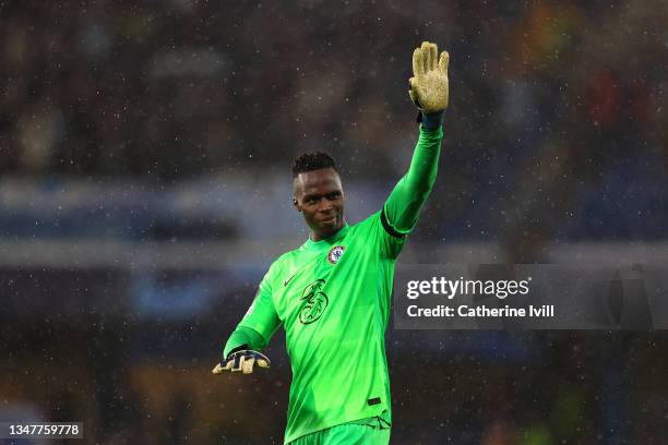 Edouard Mendy of Chelsea waves to the crowd at full-time after the UEFA Champions League group H match between Chelsea FC and Malmo FF at Stamford...