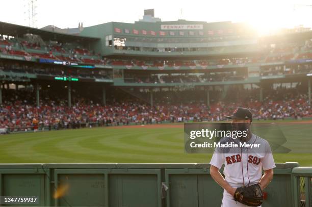 Chris Sale of the Boston Red Sox warms up prior to Game Five of the American League Championship Series against the Houston Astros at Fenway Park on...