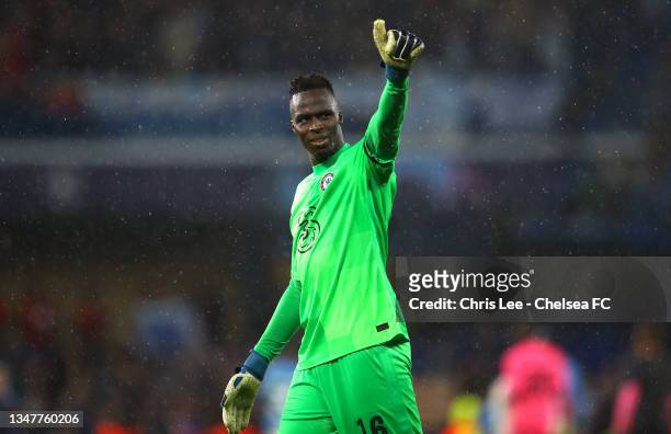 Edouard Mendy of Chelsea acknowledges the crowd at full-time after the UEFA Champions League group H match between Chelsea FC and Malmo FF at...