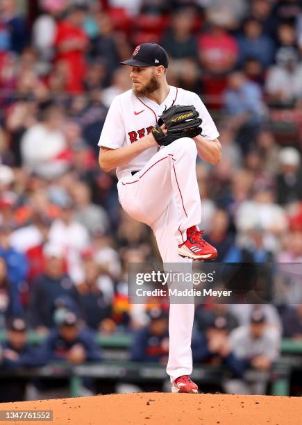 Chris Sale of the Boston Red Sox pitches against the Houston Astros in the first inning of Game Five of the American League Championship Series at...