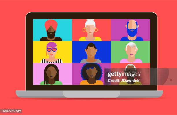 virtual meeting on laptop computer screen with diverse colleagues in modern vibrant flat colors - computer no face stock illustrations