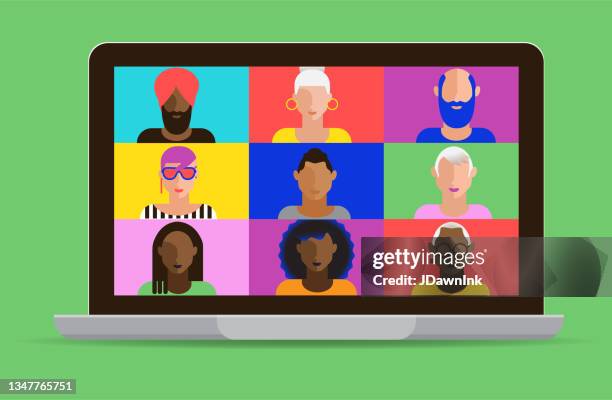 virtual meeting on laptop computer screen with diverse colleagues in modern vibrant flat colors - computer no face stock illustrations