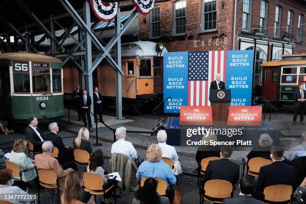 President Joe Biden speaks at an event at the Electric City Trolley Museum in Scranton on October 20, 2021 in Scranton, Pennsylvania. In an effort to...