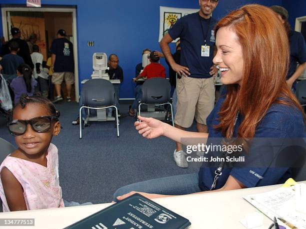 Danneel Harris performs the Randot Test during Danneel Harris Volunteers Her Time at The Gift of Sight Clinic in Downtown Los Angeles at United...