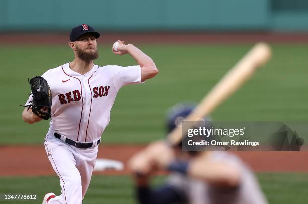 Chris Sale of the Boston Red Sox pitches against the Houston Astros in the second inning of Game Five of the American League Championship Series at...