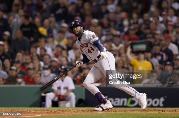 Yordan Alvarez of the Houston Astros hits a double that scored two runs against the Boston Red Sox in the sixth inning of Game Five of the American...