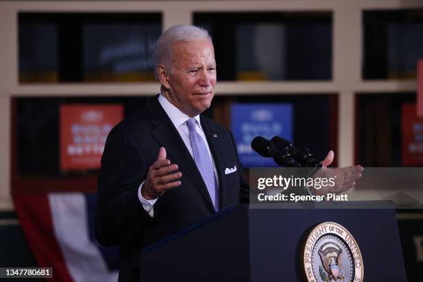 President Joe Biden speaks at an event at the Electric City Trolley Museum in Scranton on October 20, 2021 in Scranton, Pennsylvania. In an effort to...