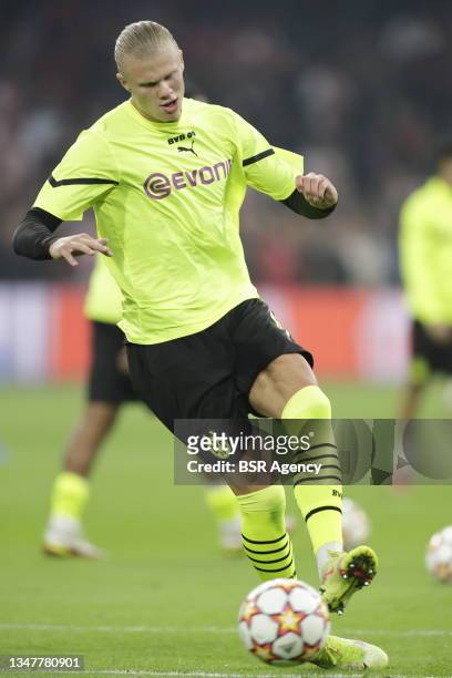 Erling Haaland during the Group C - UEFA Champions League match between Ajax and Borussia Dortmund at Johan Cruijff ArenA on October 19, 2021 in...