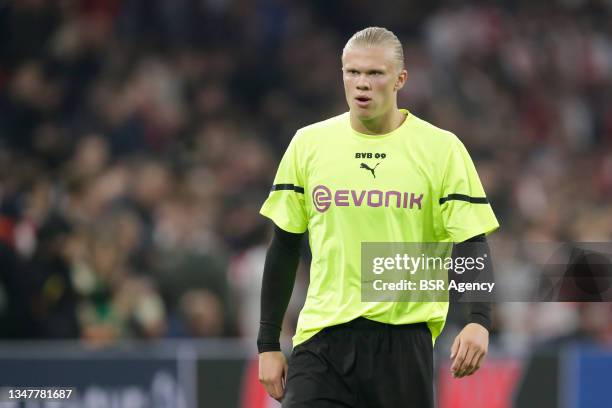 Erling Haaland during the Group C - UEFA Champions League match between Ajax and Borussia Dortmund at Johan Cruijff ArenA on October 19, 2021 in...