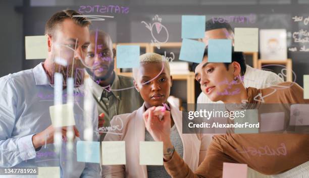 shot of a group of young businesspeople having a brainstorming session in a modern office - content strategy stockfoto's en -beelden