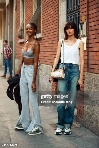 Models Kyla Ramsey and Topsy after the N21 show during Milan Fashion Week SS22 show on September 22, 2021 in New York City. Kyla wears a matching...